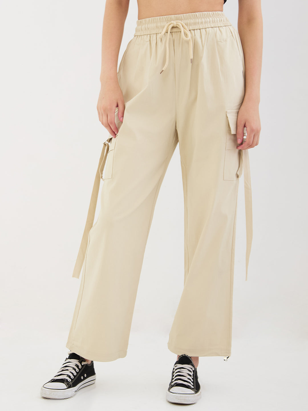 Spykar Ecru High Rise Straight Fit Casual Trousers For Women