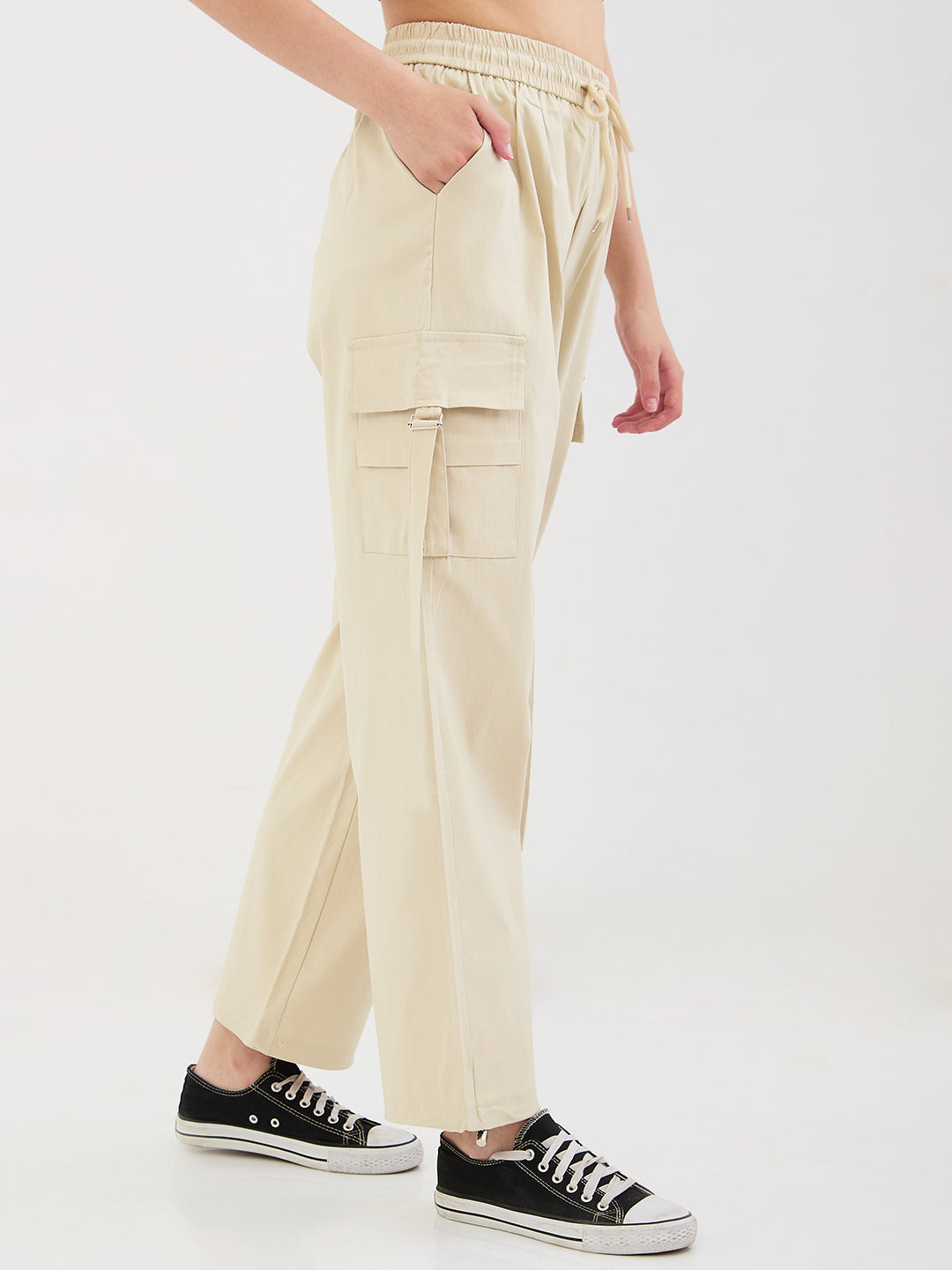 Spykar Ecru High Rise Straight Fit Casual Trousers For Women