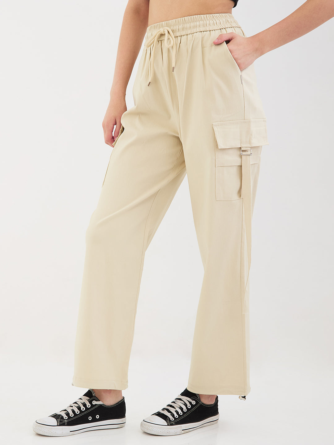 Women Trouser Straight Fit Ecru High Rise