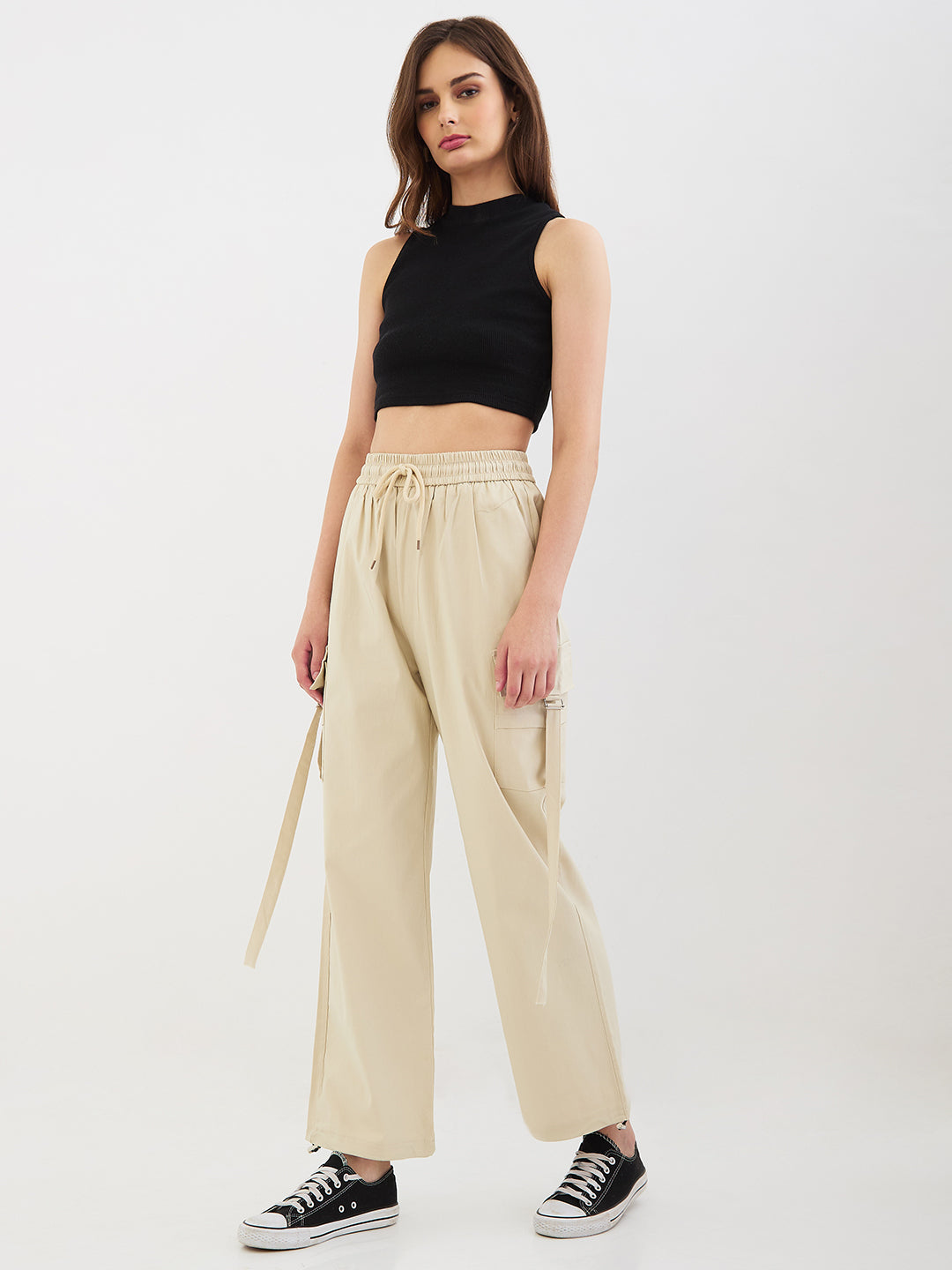 Women Trouser Straight Fit Ecru High Rise
