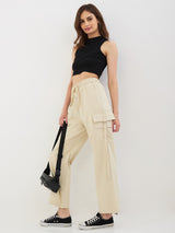 Women Trouser Straight Fit Ecru High Rise