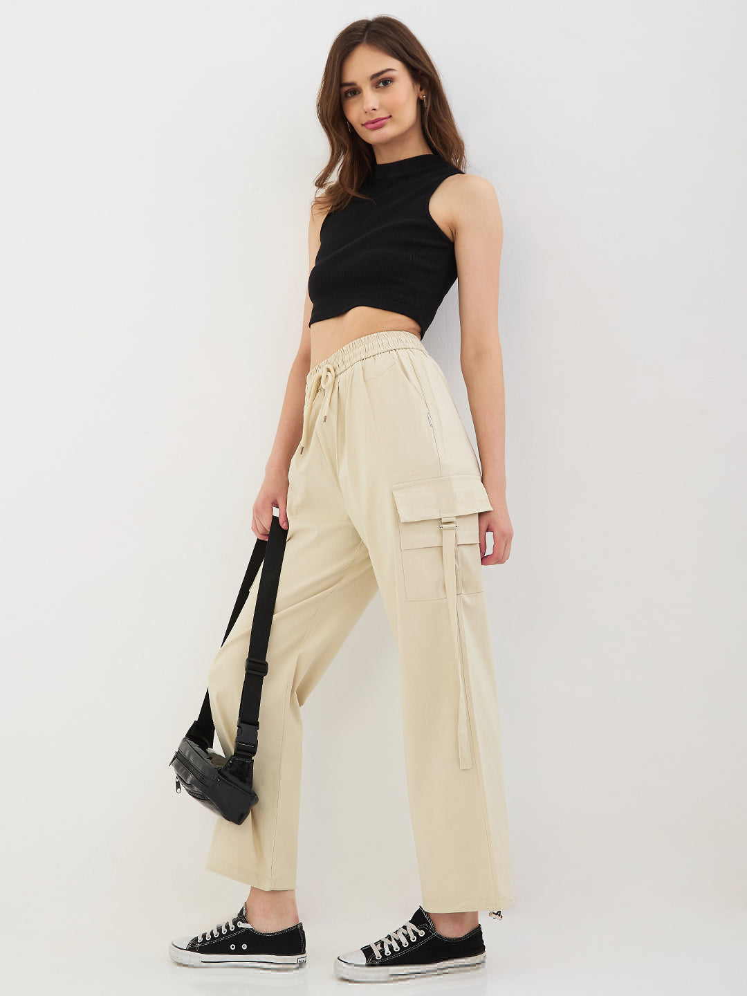 Women Trouser Straight Fit Ecru High Rise