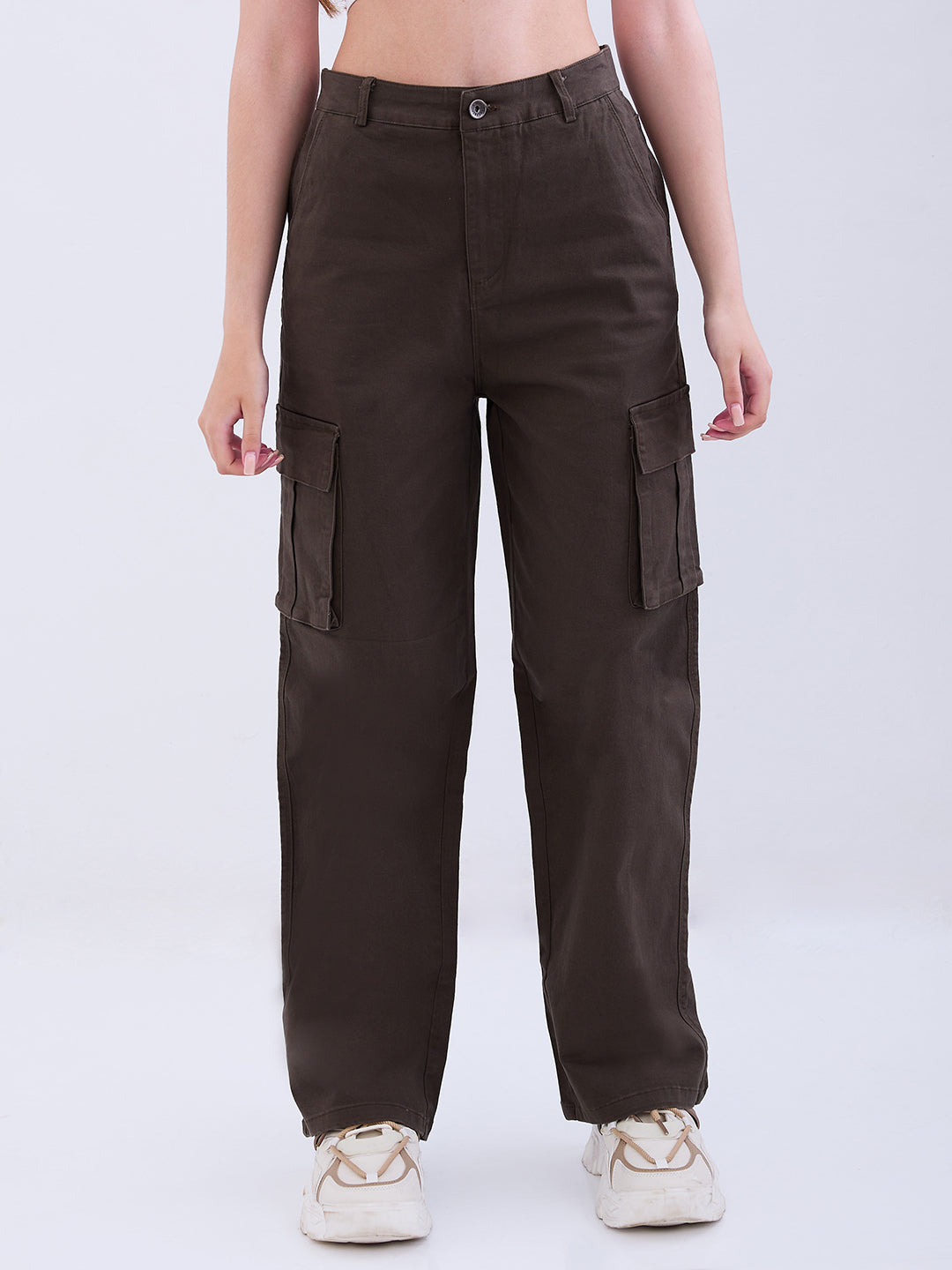 Women Trouser Straight Fit Olive Green High Rise