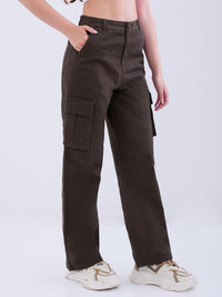 Women Trouser Straight Fit Olive Green High Rise