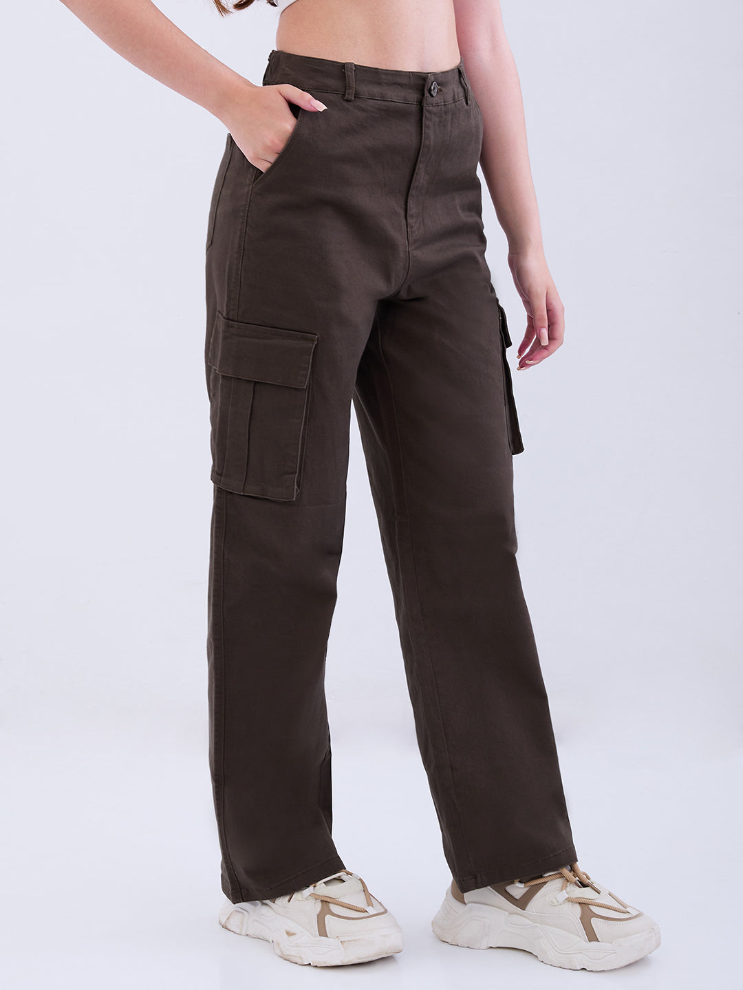 Women Trouser Straight Fit Olive Green High Rise