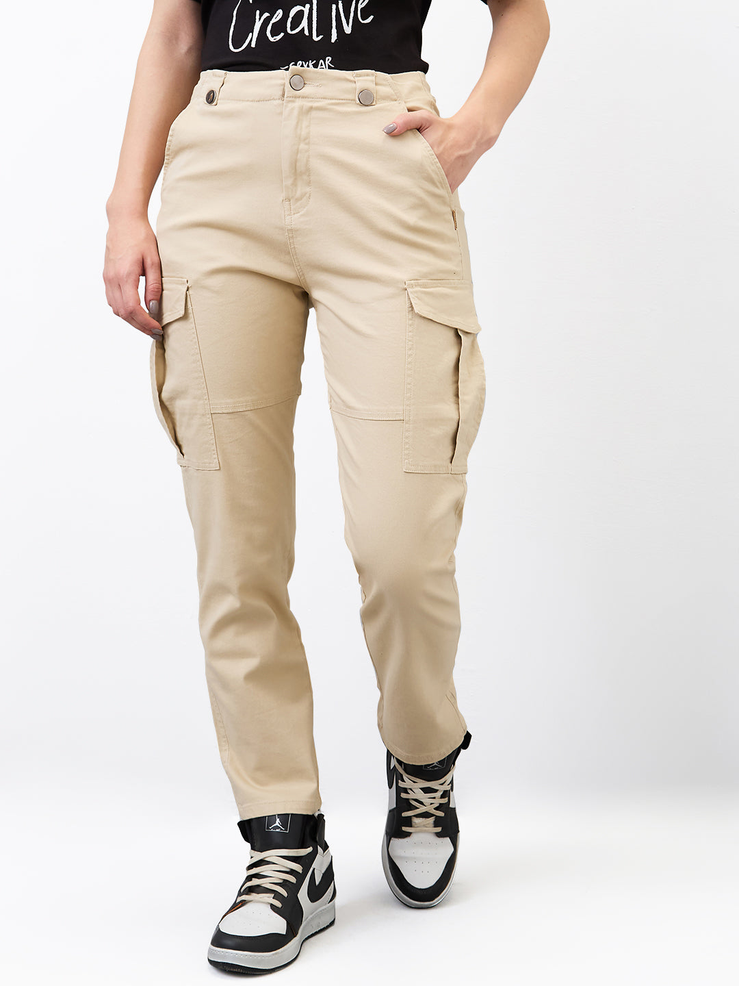 Spykar Beige Regular Fit High Rise Cargo For Women