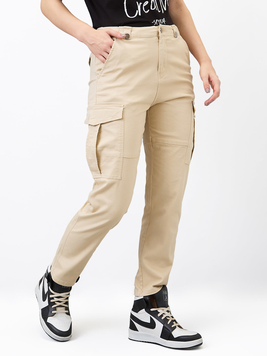 Spykar Beige Regular Fit High Rise Cargo For Women