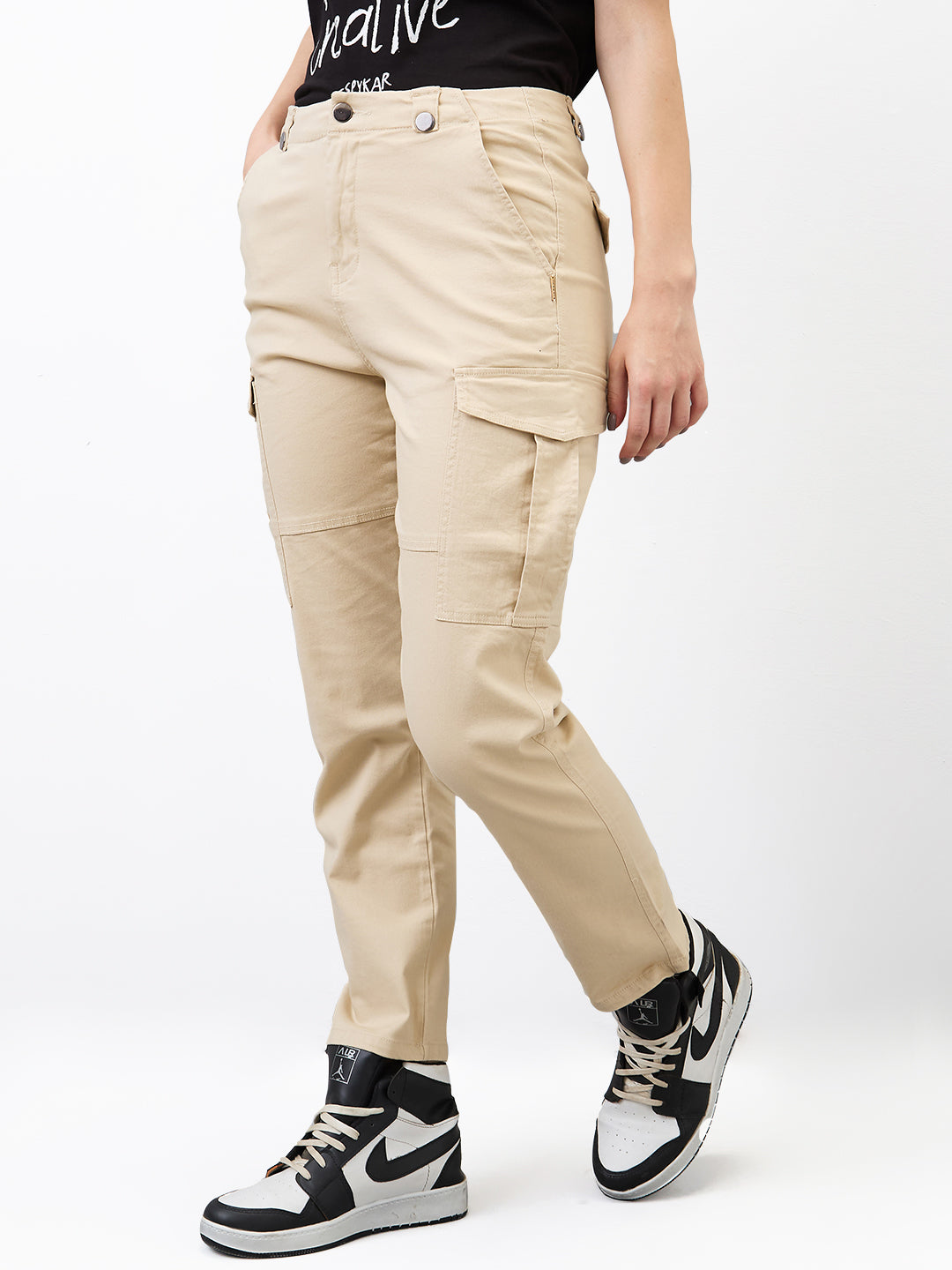 Spykar Beige Regular Fit High Rise Cargo For Women