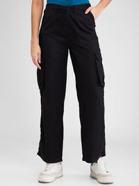 Women Trouser Cargo Fit Black Mid Rise