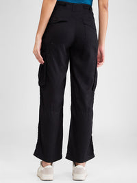 Women Trouser Cargo Fit Black Mid Rise
