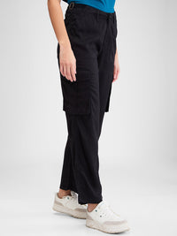 Women Trouser Cargo Fit Black Mid Rise