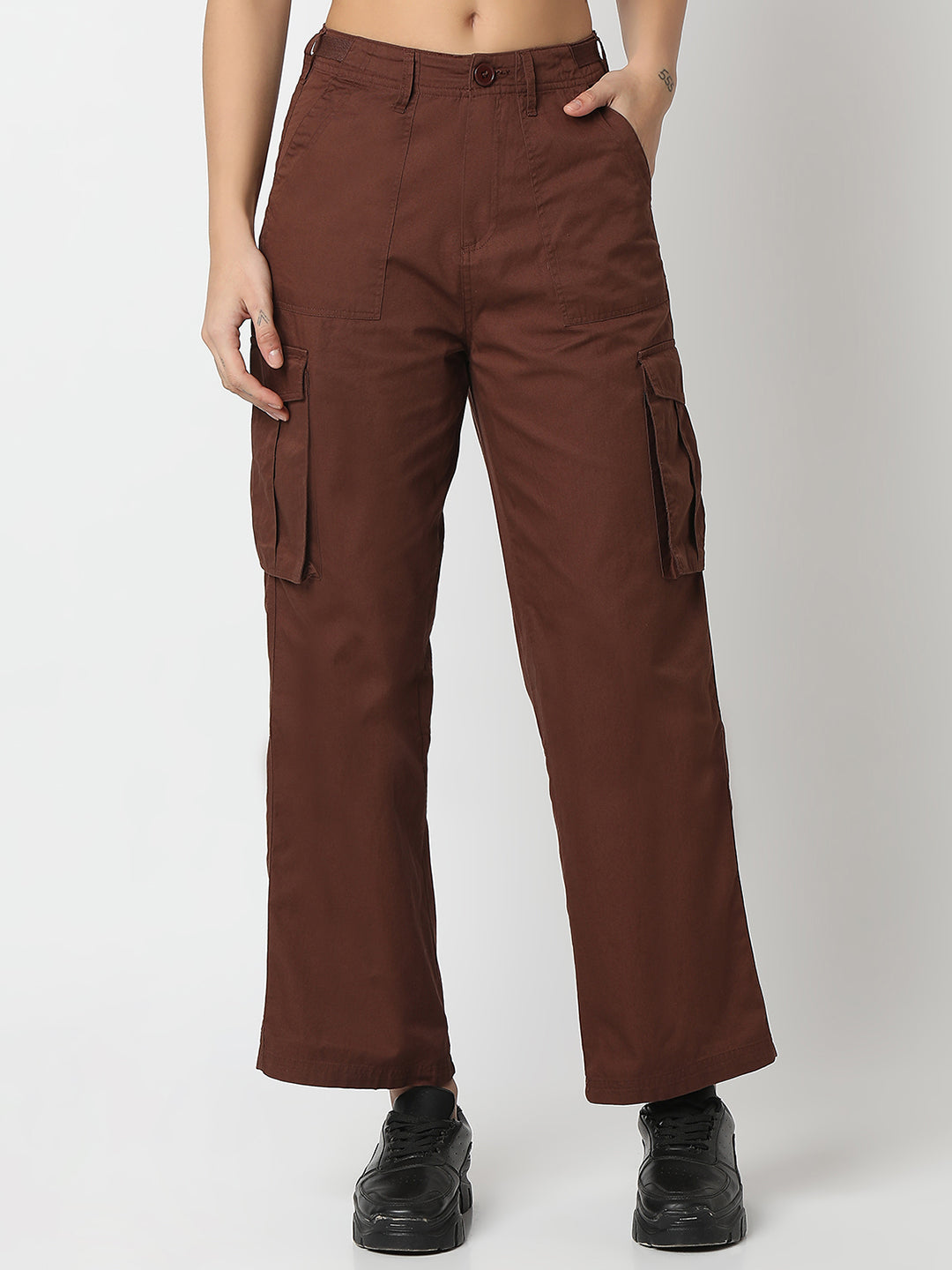 Spykar Sepia Brown Cargo Fit Mid Rise Trousers For Women