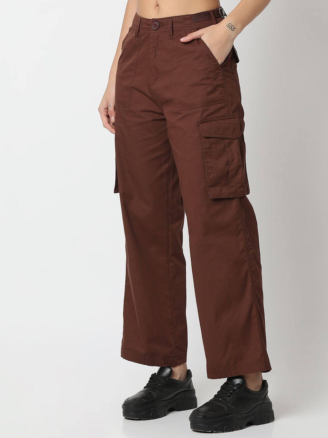 Spykar Sepia Brown Cargo Fit Mid Rise Trousers For Women