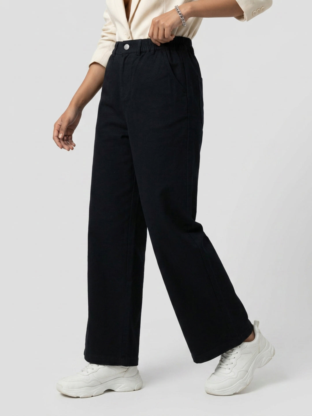 Women Trouser Straight Fit Black High Rise