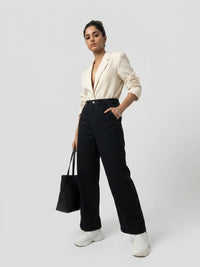 Women Trouser Straight Fit Black High Rise