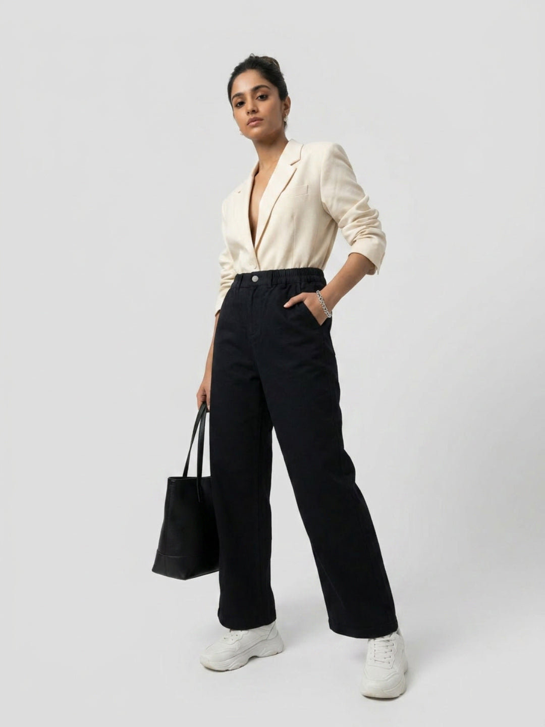 Women Trouser Straight Fit Black High Rise