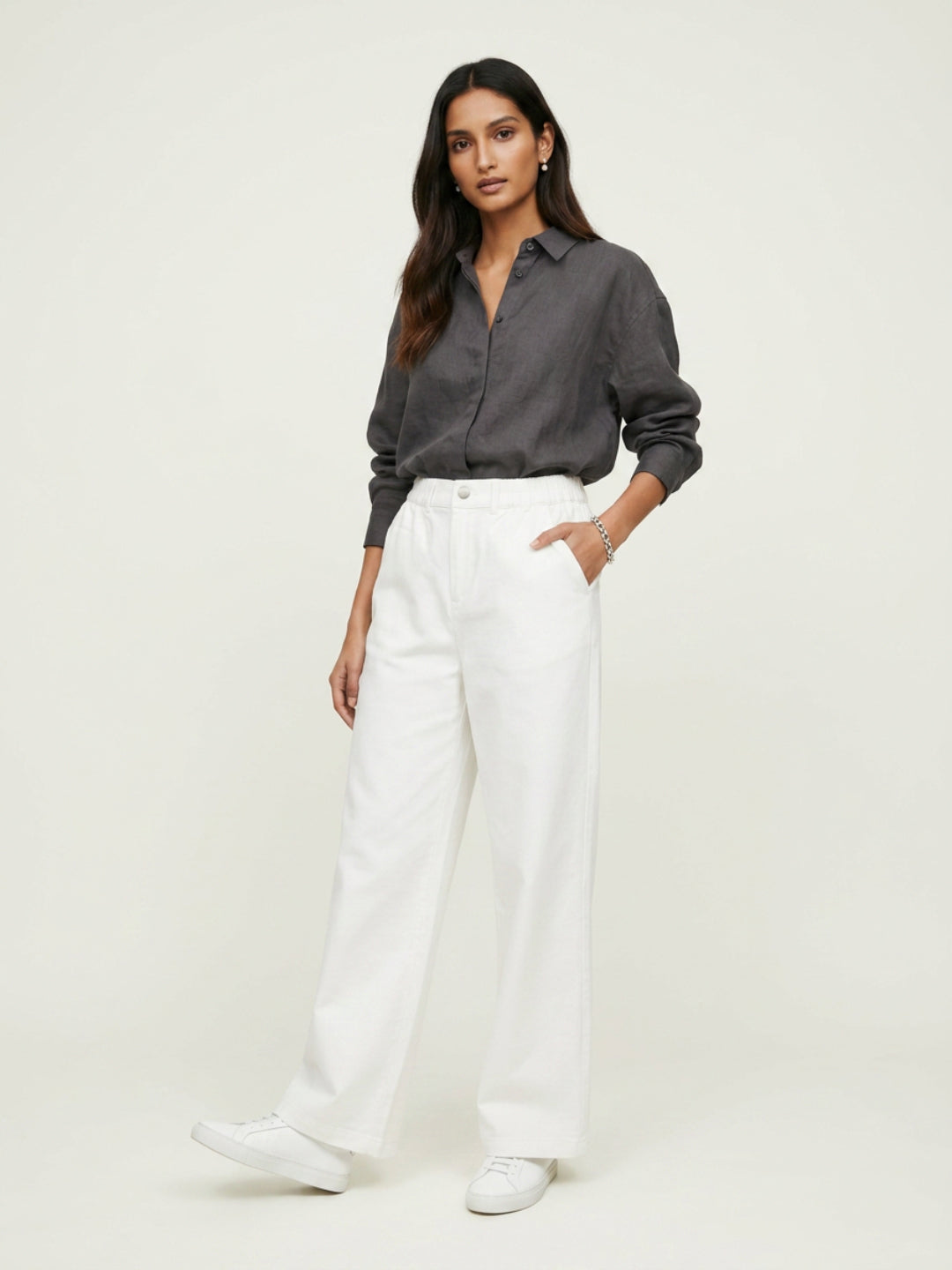Women Trouser Straight Fit White High Rise