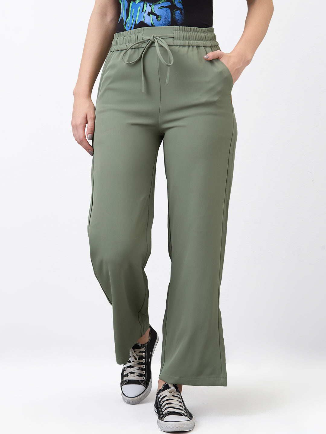 Women Trouser Straight Fit Olive High Rise
