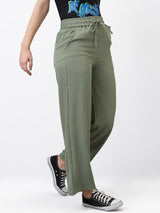 Women Trouser Straight Fit Olive High Rise