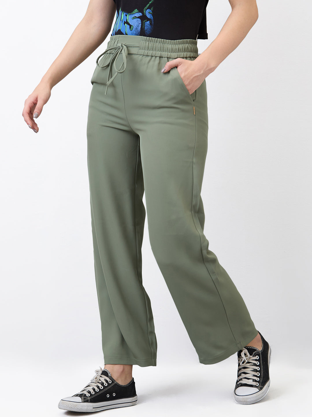 Women Trouser Straight Fit Olive High Rise
