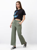Women Trouser Straight Fit Olive High Rise