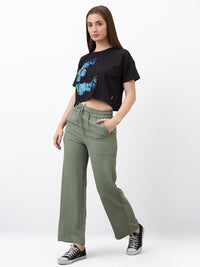 Women Trouser Straight Fit Olive High Rise
