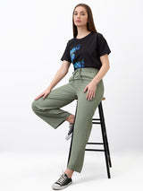 Women Trouser Straight Fit Olive High Rise