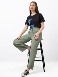 Women Trouser Straight Fit Olive High Rise