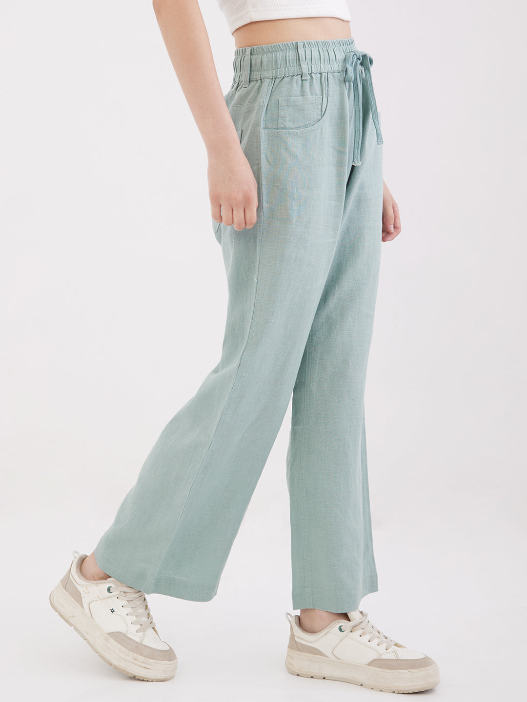 Spykar Biomint Green Mid Rise Straight Fit Casual Trousers For Women