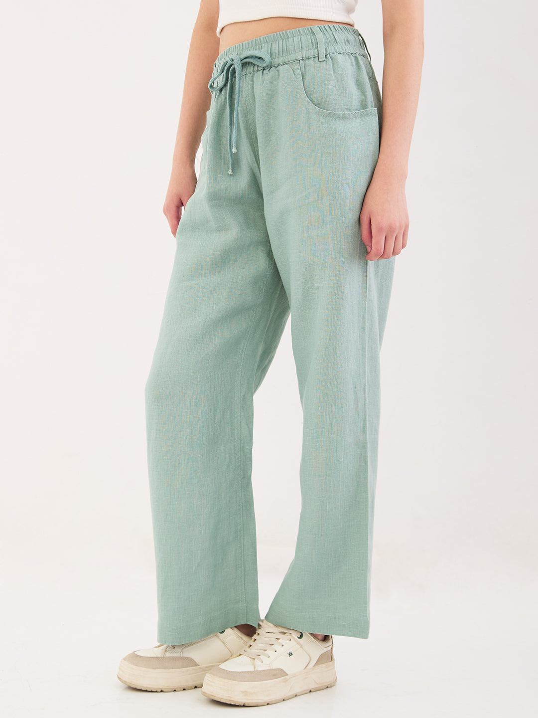 Spykar Biomint Green Mid Rise Straight Fit Casual Trousers For Women