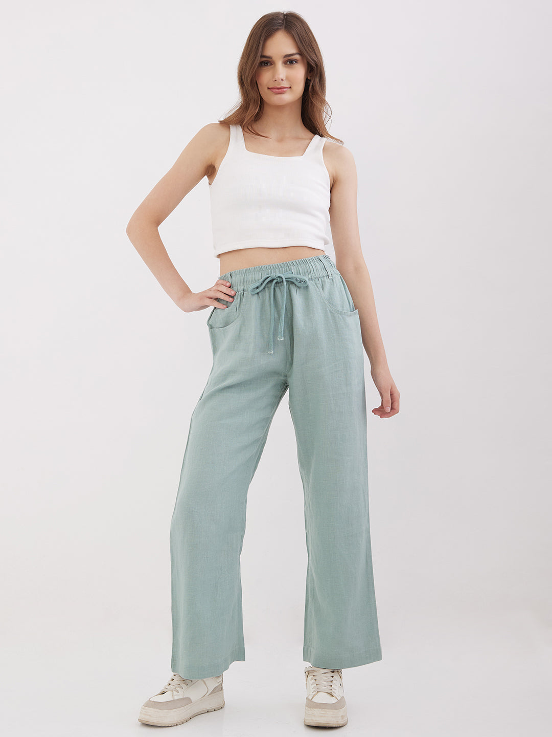 Spykar Biomint Green Mid Rise Straight Fit Casual Trousers For Women