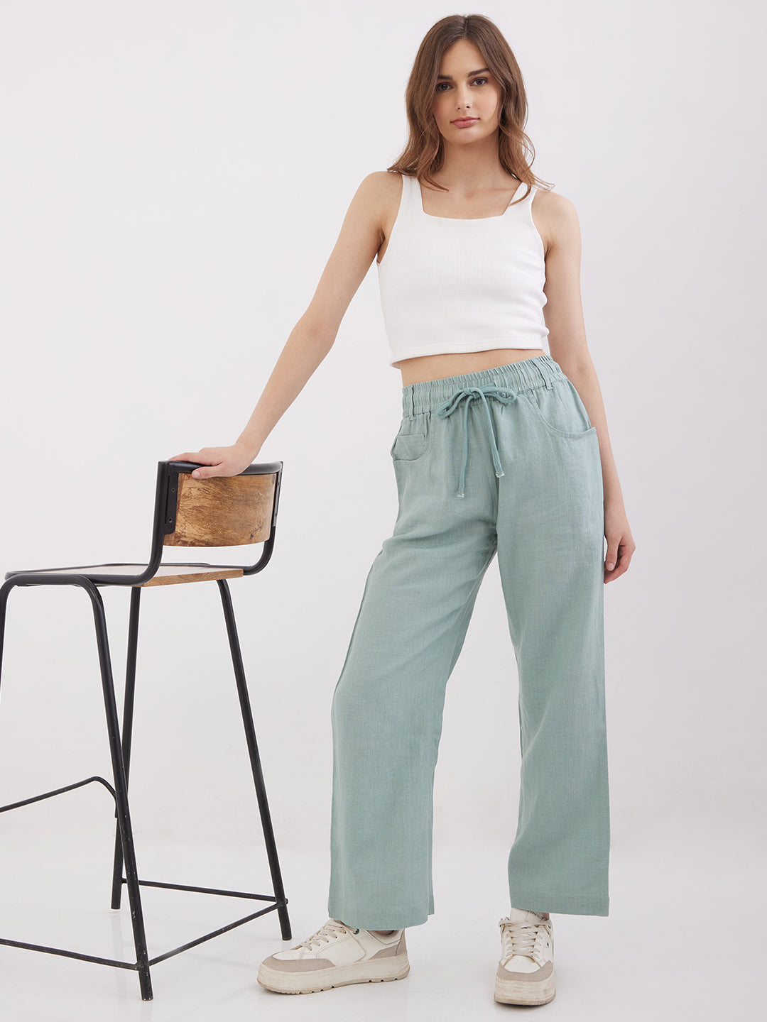 Spykar Biomint Green Mid Rise Straight Fit Casual Trousers For Women
