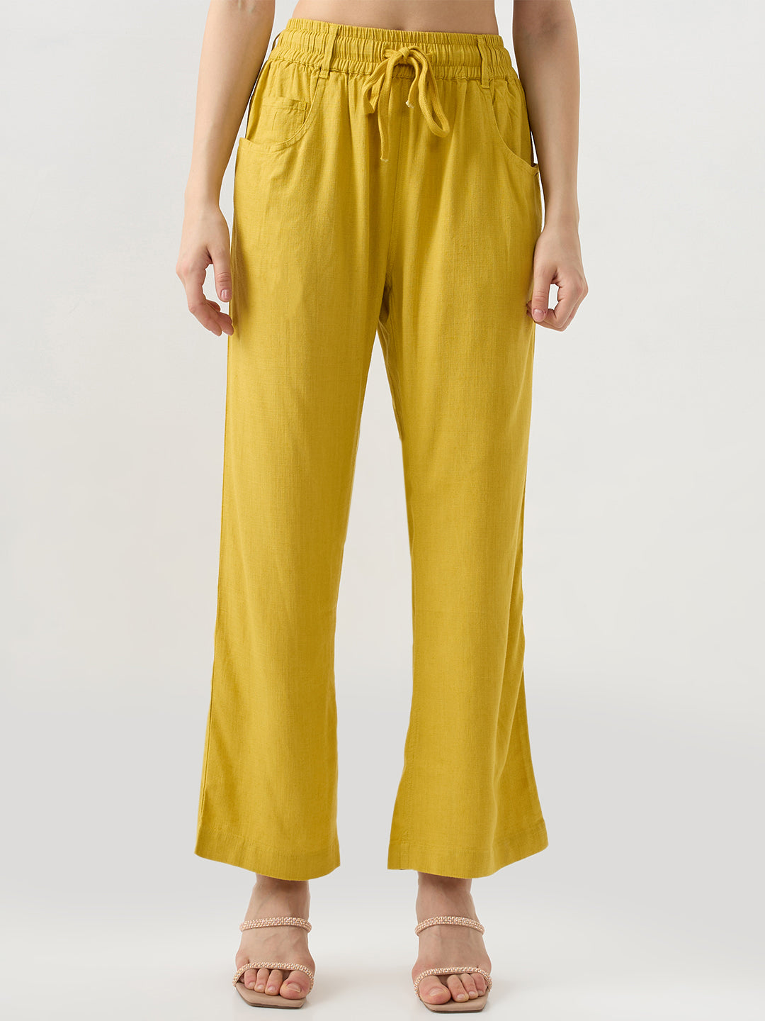 Women Trouser Straight Fit Yellow Mid Rise