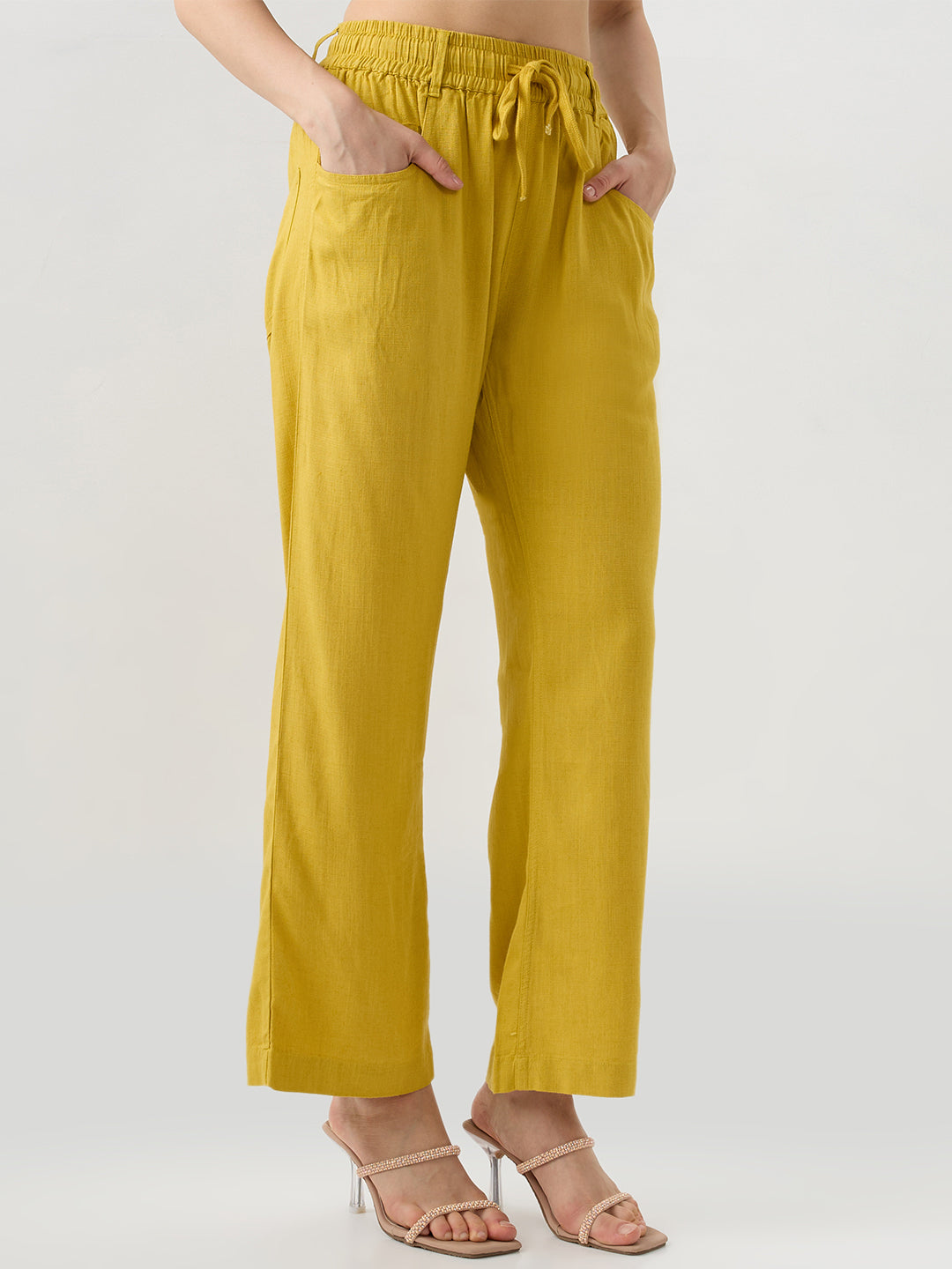 Women Trouser Straight Fit Yellow Mid Rise