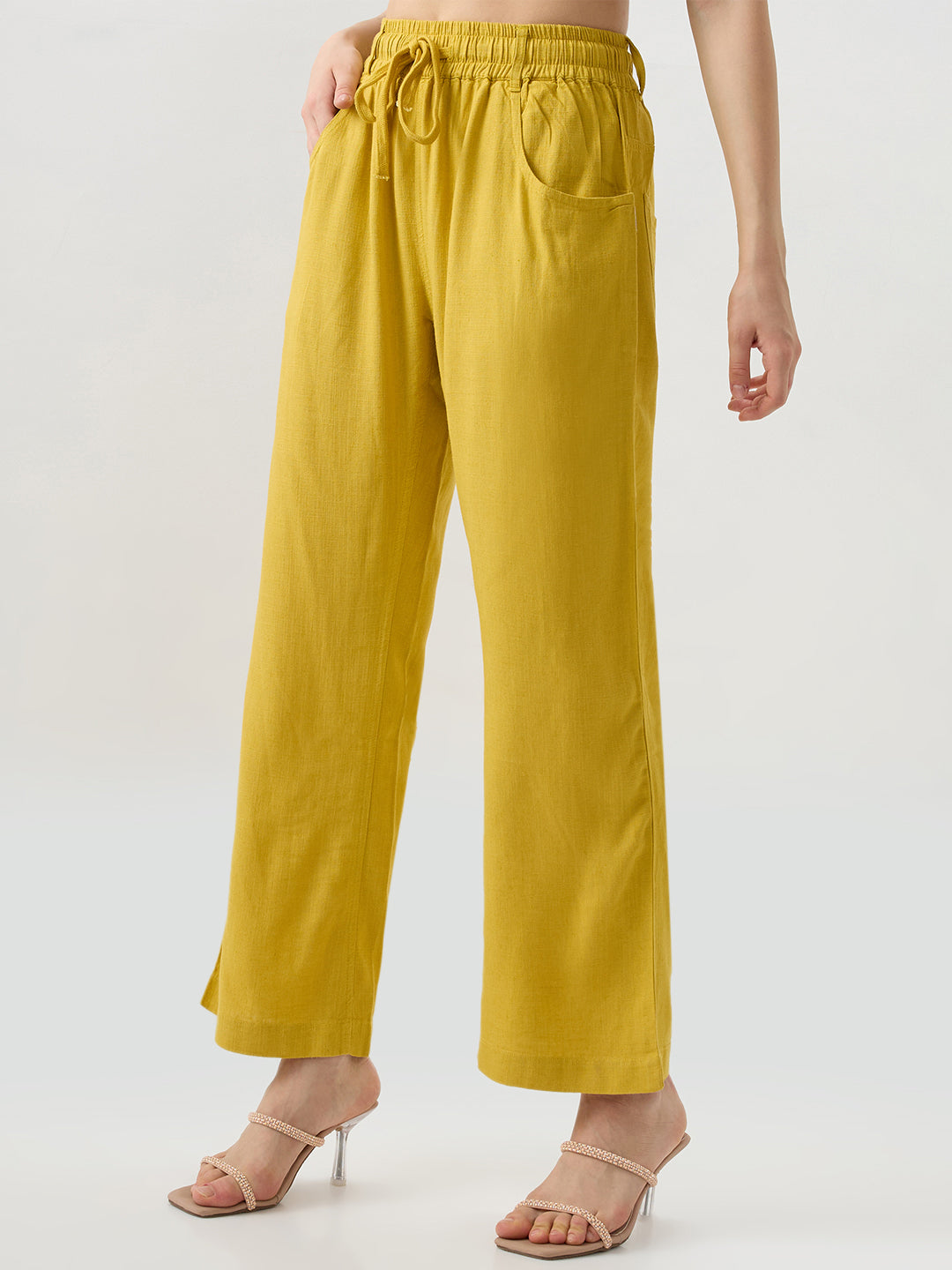 Women Trouser Straight Fit Yellow Mid Rise