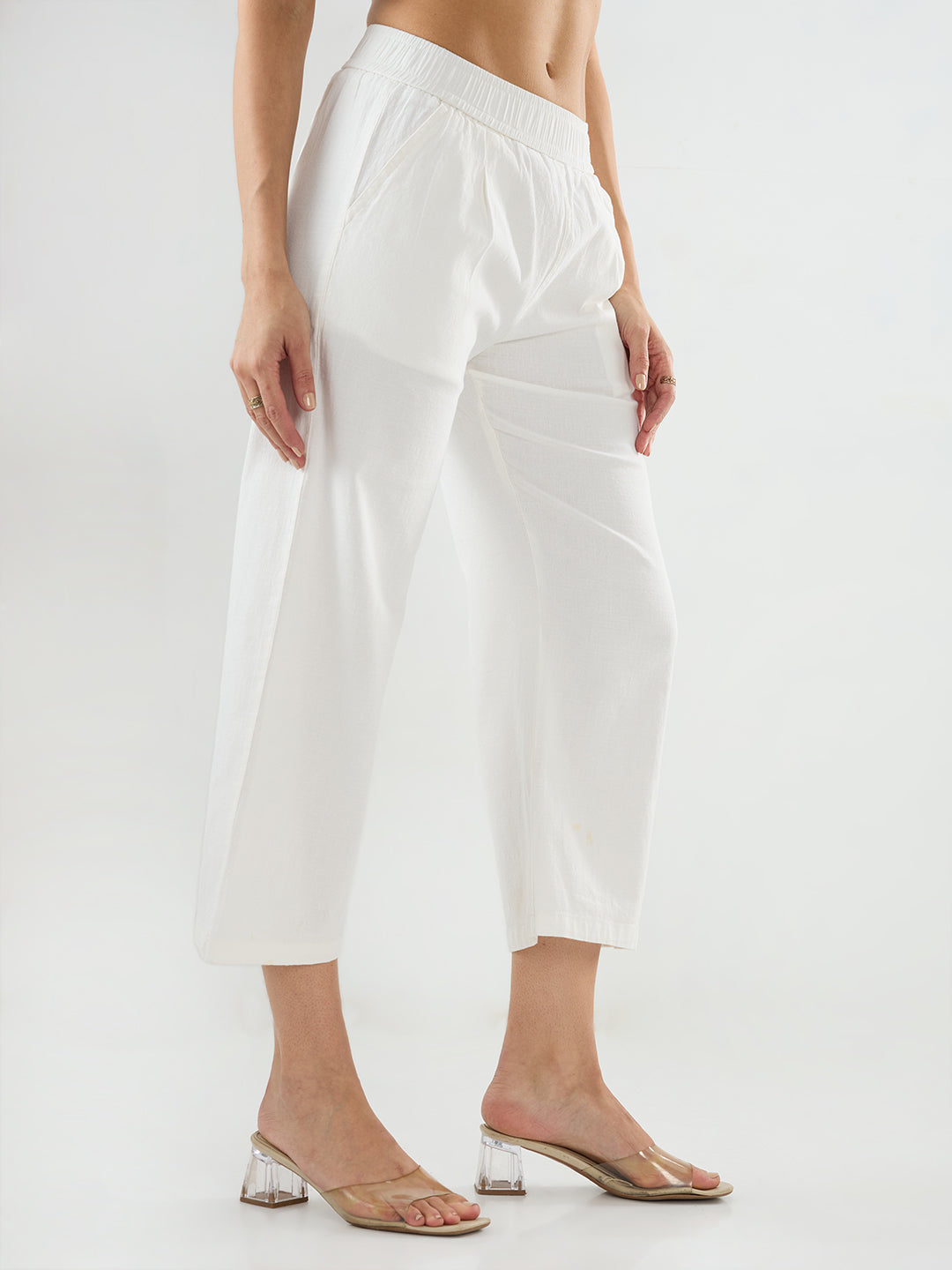 Women Trouser Straight Fit White Mid Rise