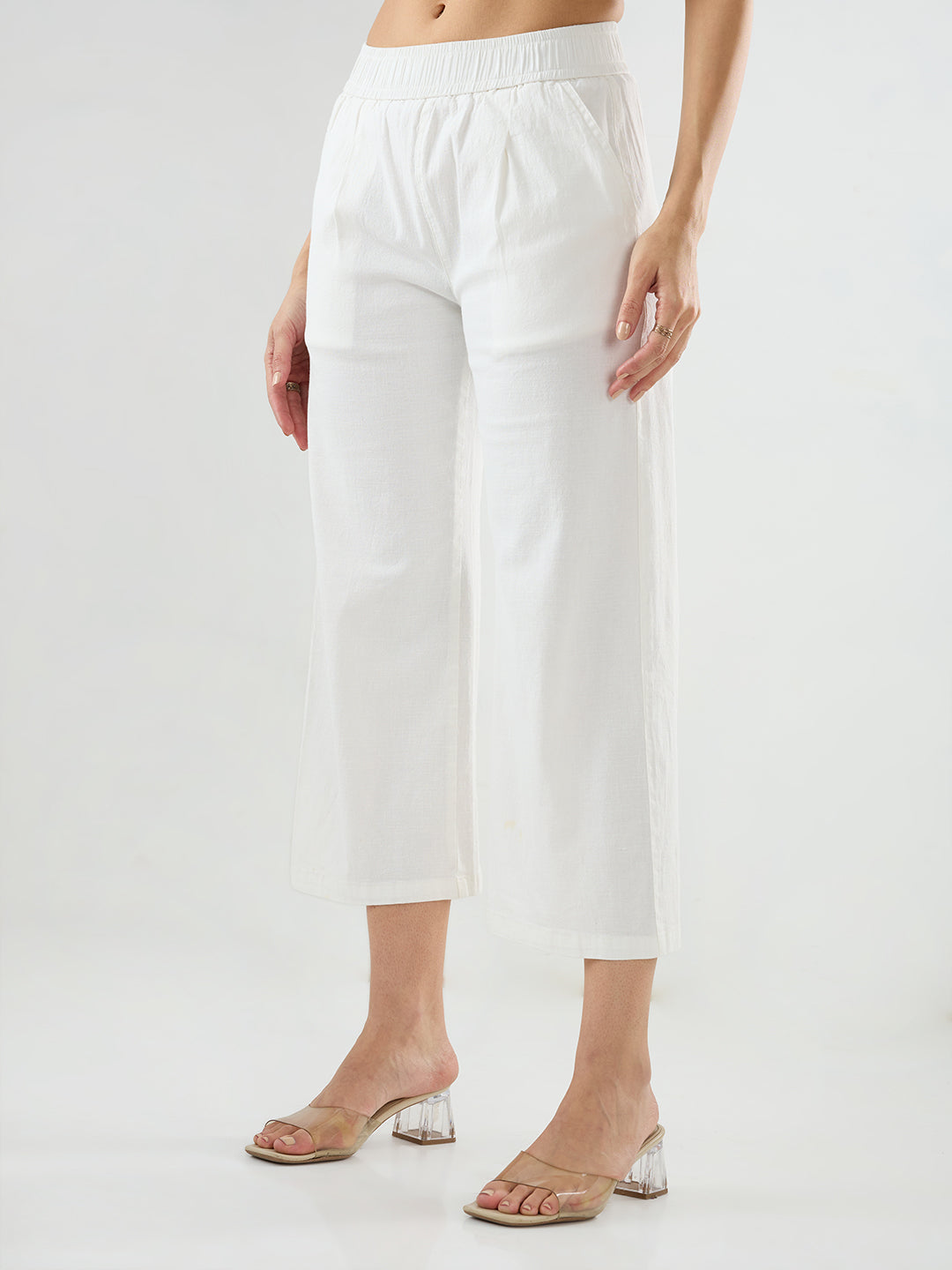 Women Trouser Straight Fit White Mid Rise