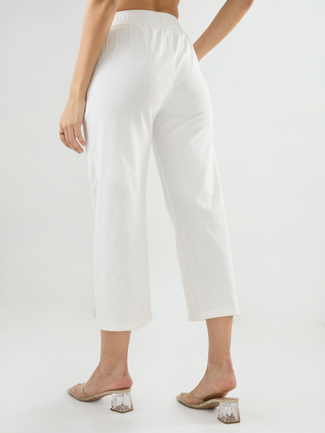 Women Trouser Straight Fit White Mid Rise