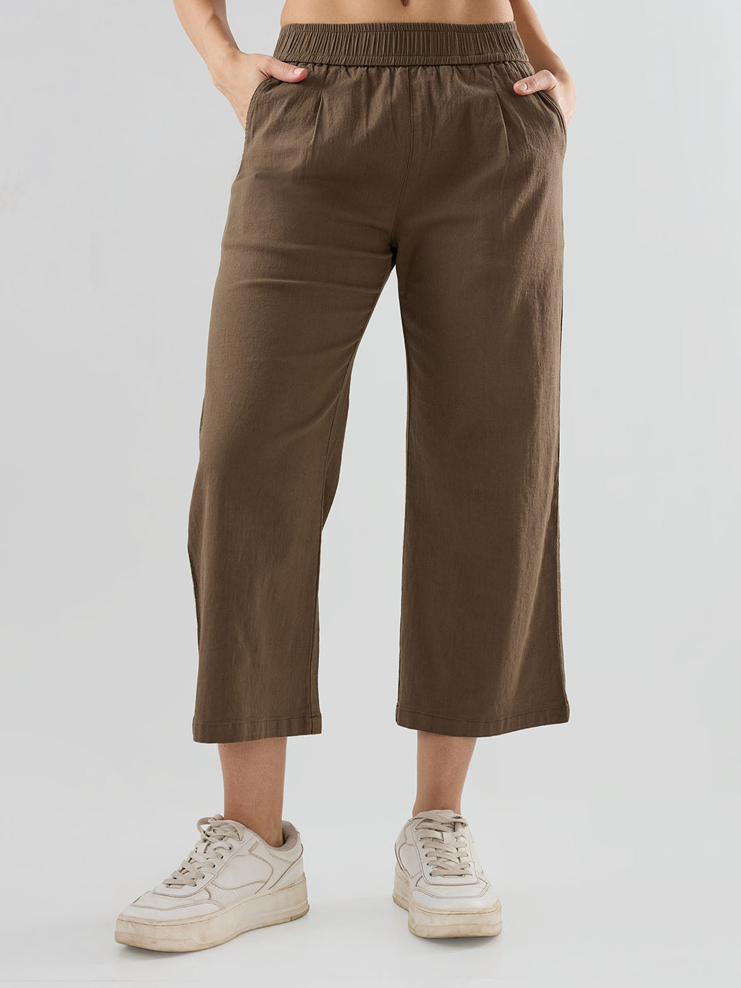 Women Trouser Straight Fit Olive Mid Rise