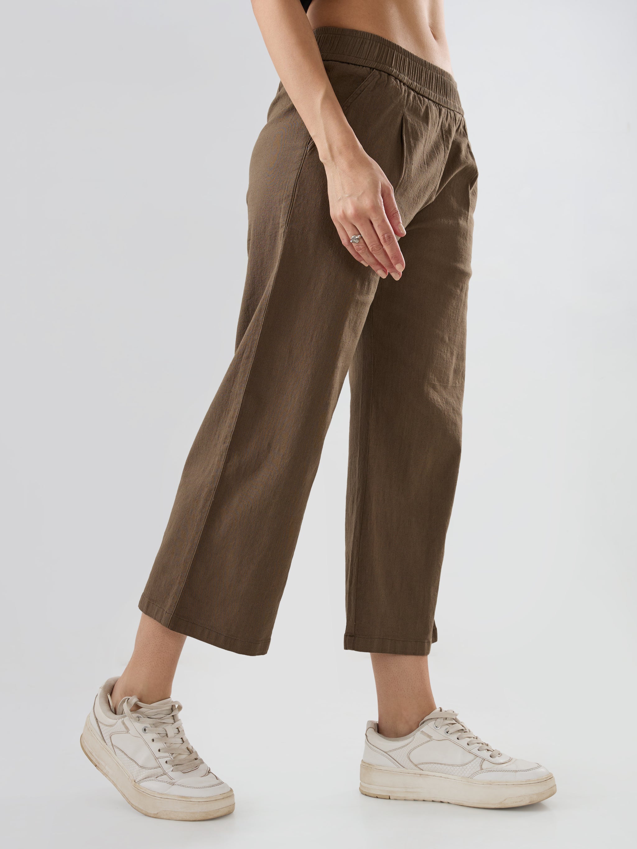 Women Trouser Straight Fit Olive Mid Rise