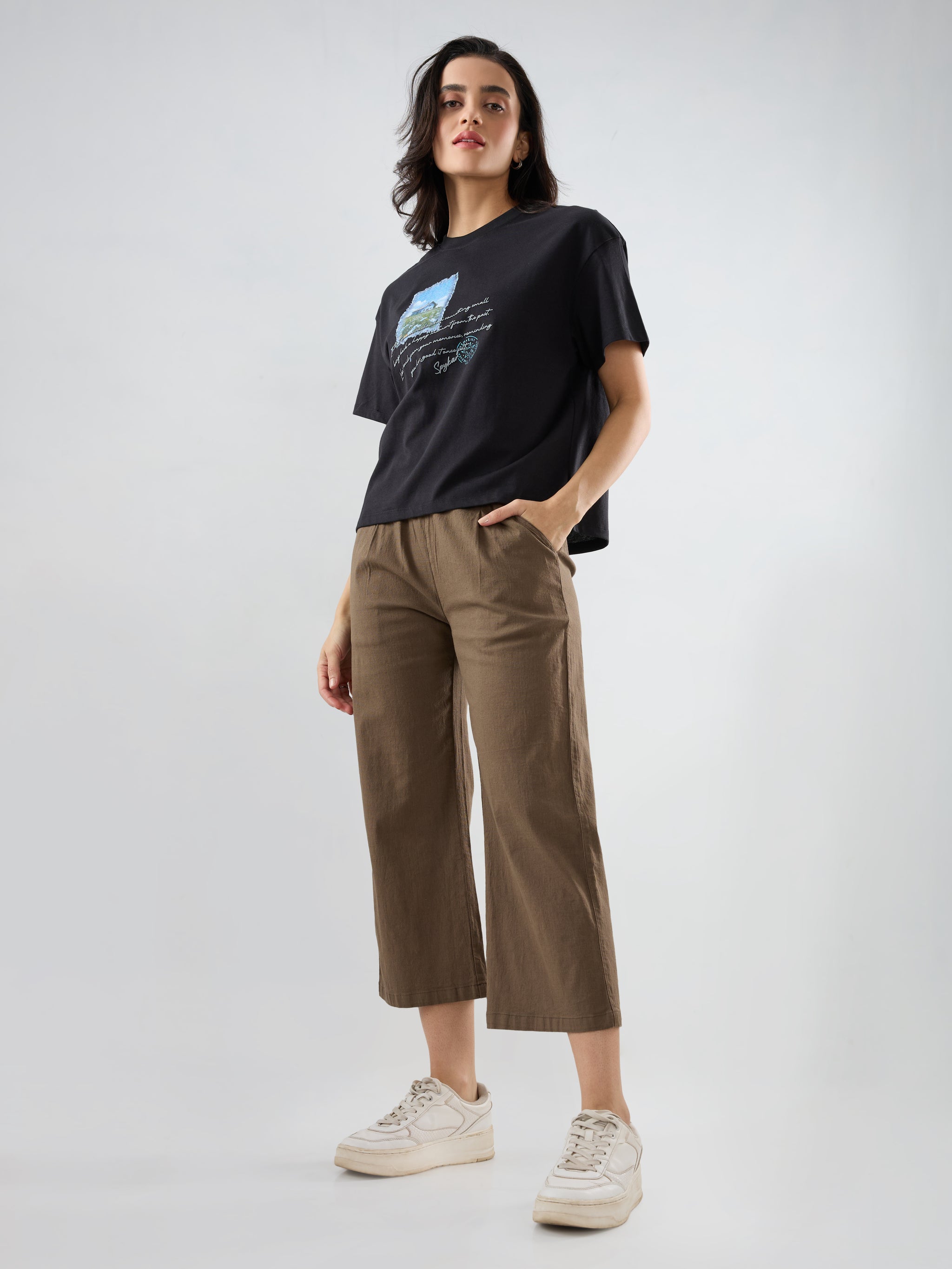 Women Trouser Straight Fit Olive Mid Rise