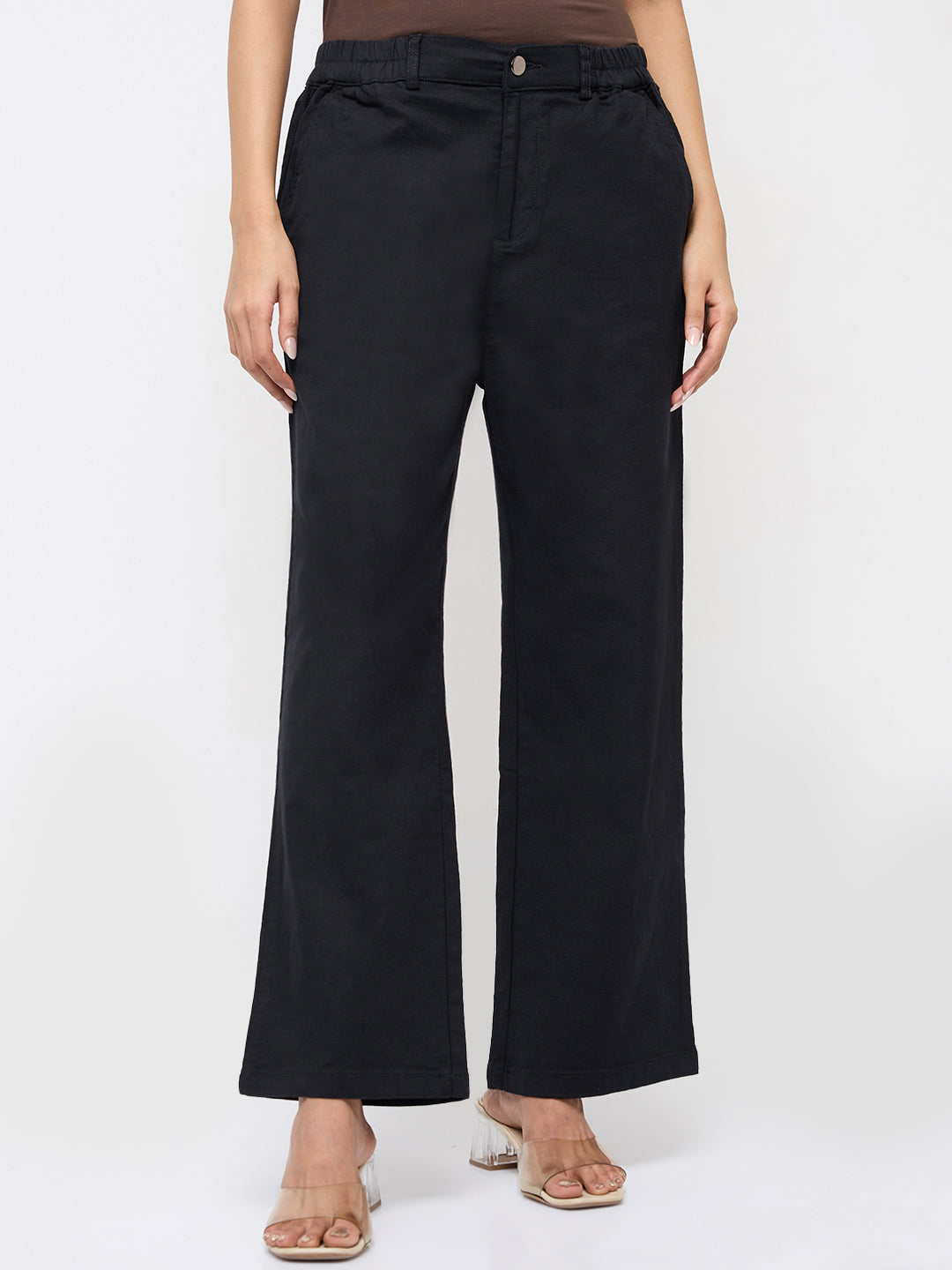 Women Trouser Straight Fit Black Mid Rise