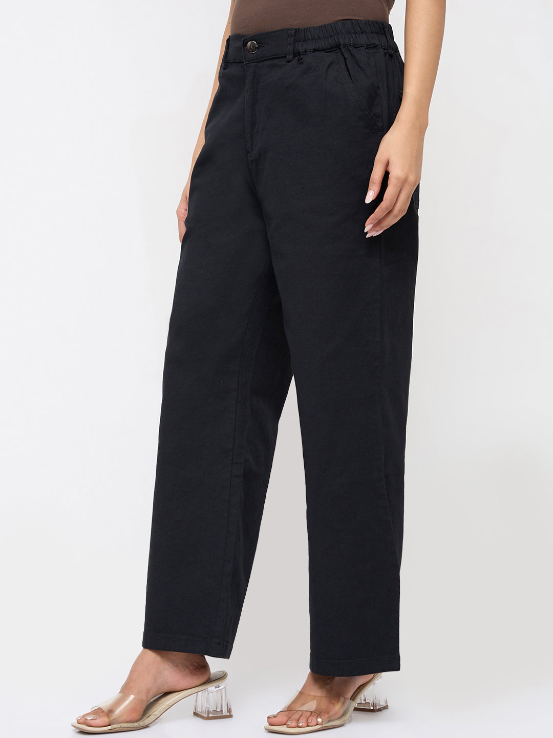 Women Trouser Straight Fit Black Mid Rise
