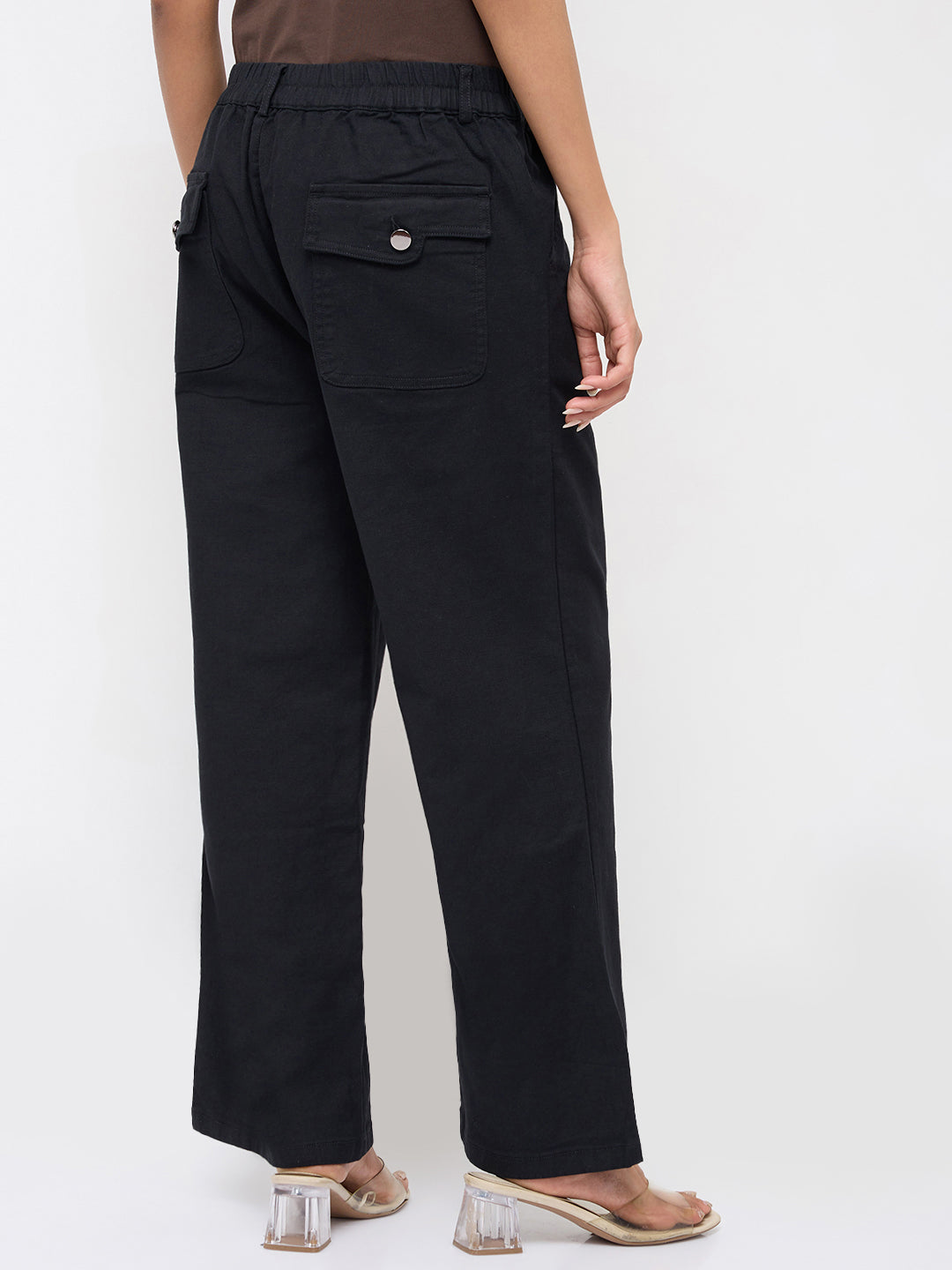 Women Trouser Straight Fit Black Mid Rise