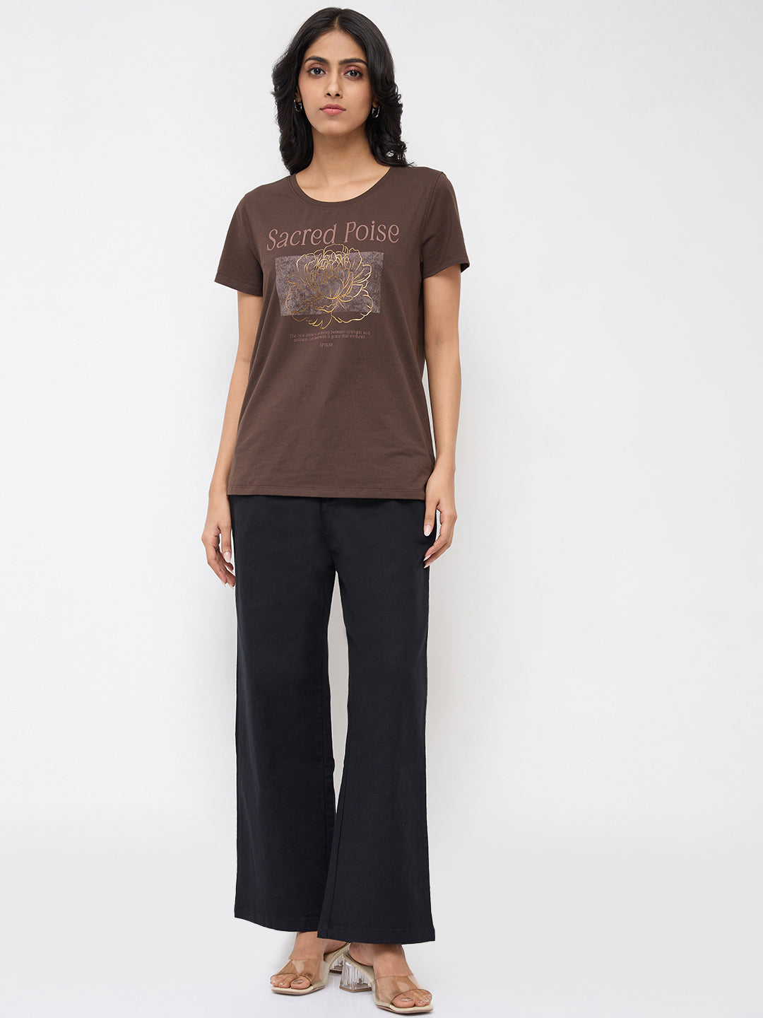 Women Trouser Straight Fit Black Mid Rise