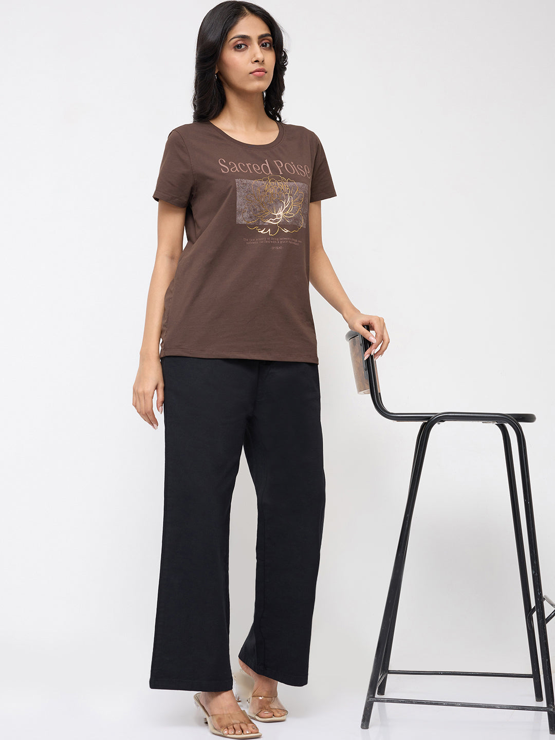 Women Trouser Straight Fit Black Mid Rise