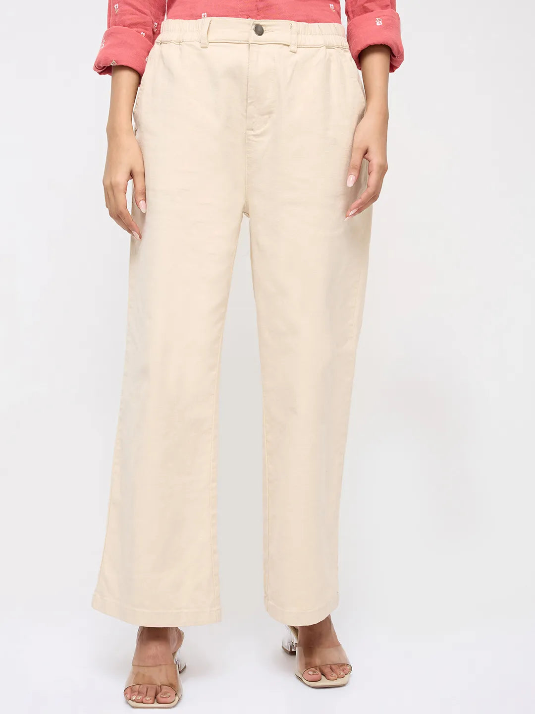 Women Trouser Straight Fit White Mid Rise