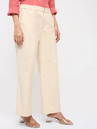 Women Trouser Straight Fit White Mid Rise