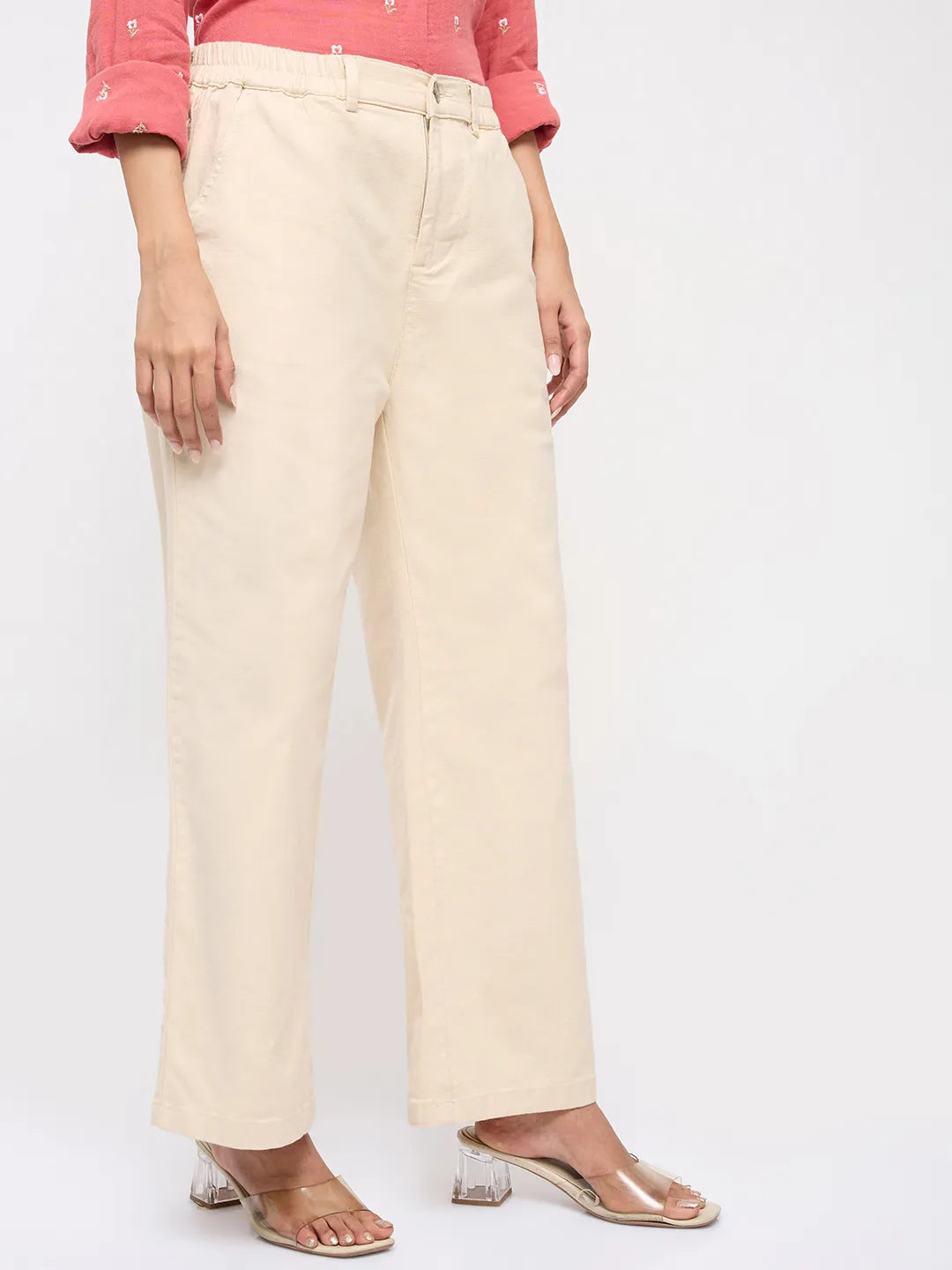 Women Trouser Straight Fit White Mid Rise