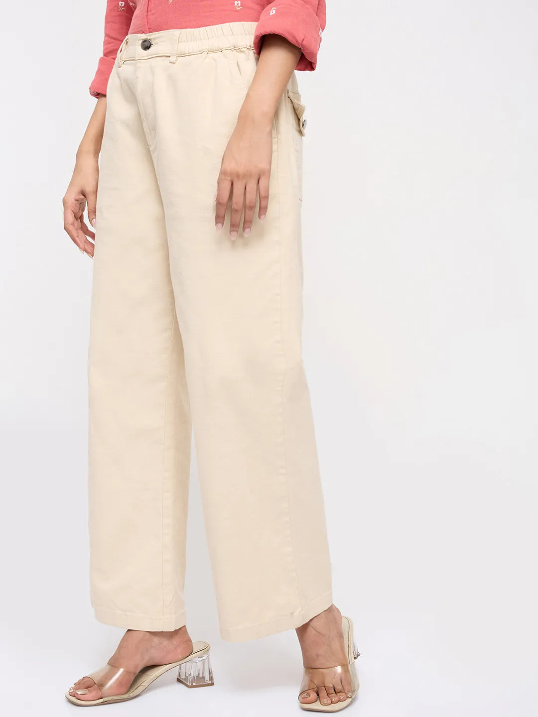 Women Trouser Straight Fit White Mid Rise